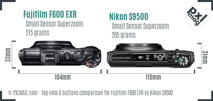 Fujifilm F600 EXR vs Nikon S9500 top view buttons comparison