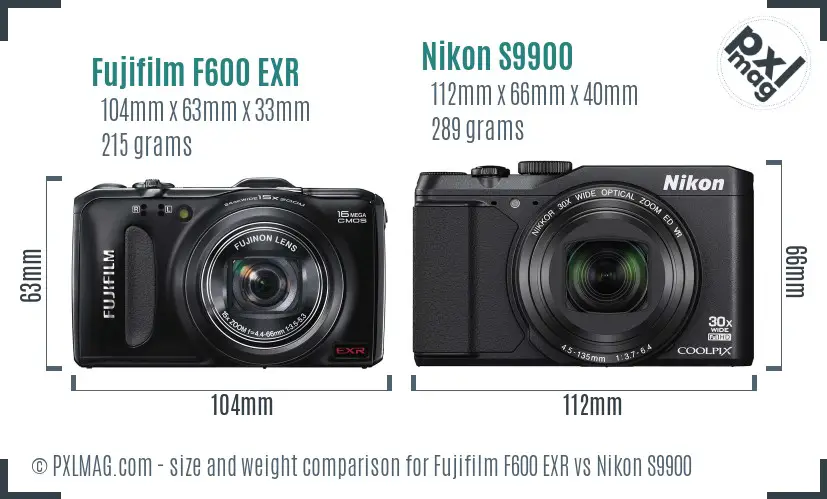 Fujifilm F600 EXR vs Nikon S9900 size comparison