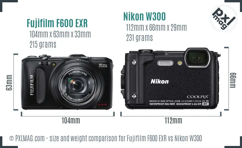 Fujifilm F600 EXR vs Nikon W300 size comparison