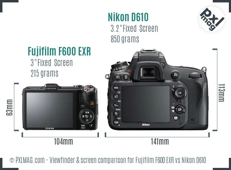 Fujifilm F600 EXR vs Nikon D610 Screen and Viewfinder comparison
