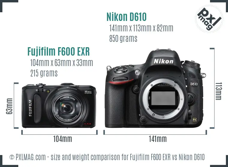 Fujifilm F600 EXR vs Nikon D610 size comparison