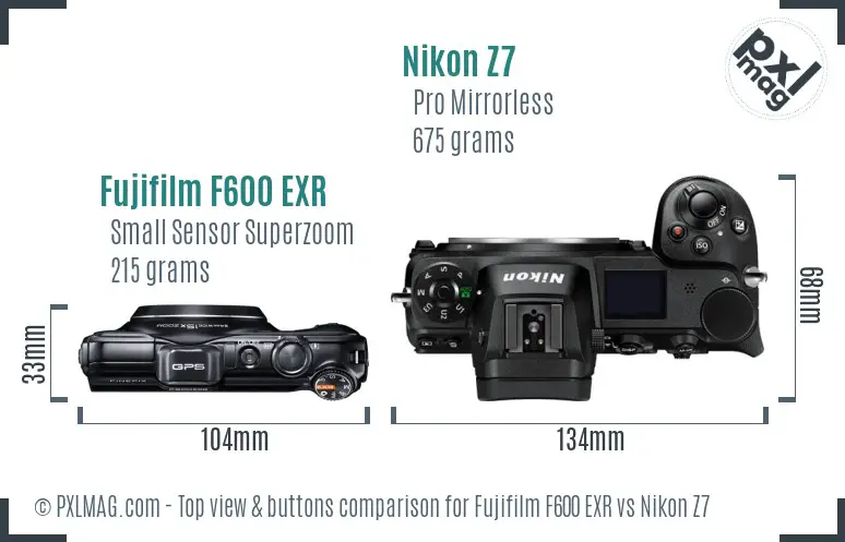 Fujifilm F600 EXR vs Nikon Z7 top view buttons comparison