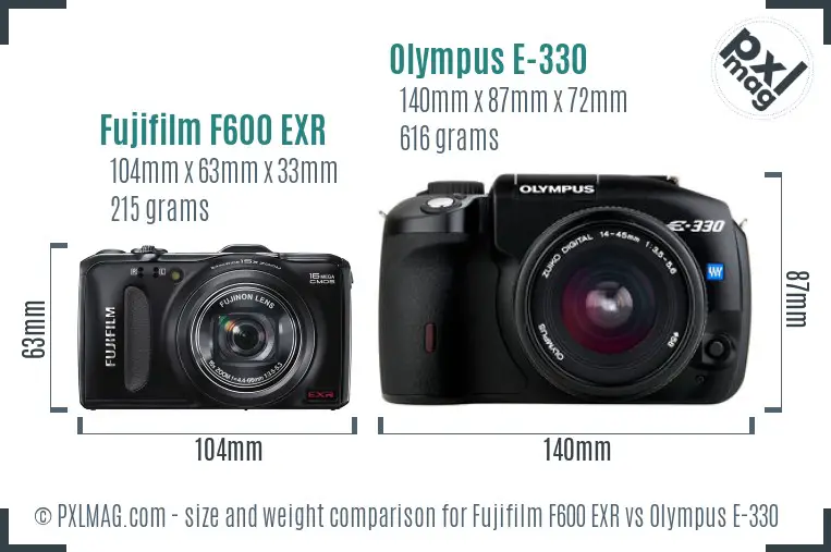 Fujifilm F600 EXR vs Olympus E-330 size comparison