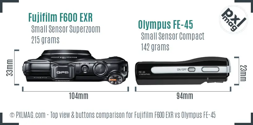 Fujifilm F600 EXR vs Olympus FE-45 top view buttons comparison