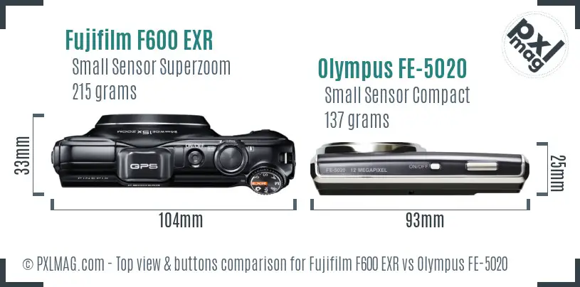 Fujifilm F600 EXR vs Olympus FE-5020 top view buttons comparison Fujifilm F600 EXR vs Olympus FE-5020 top view buttons comparison