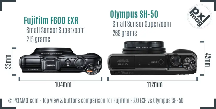 Fujifilm F600 EXR vs Olympus SH-50 top view buttons comparison