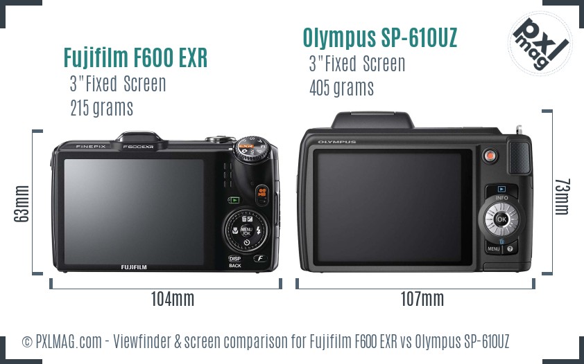 Fujifilm F600 EXR vs Olympus SP-610UZ Screen and Viewfinder comparison