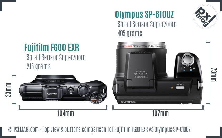 Fujifilm F600 EXR vs Olympus SP-610UZ top view buttons comparison