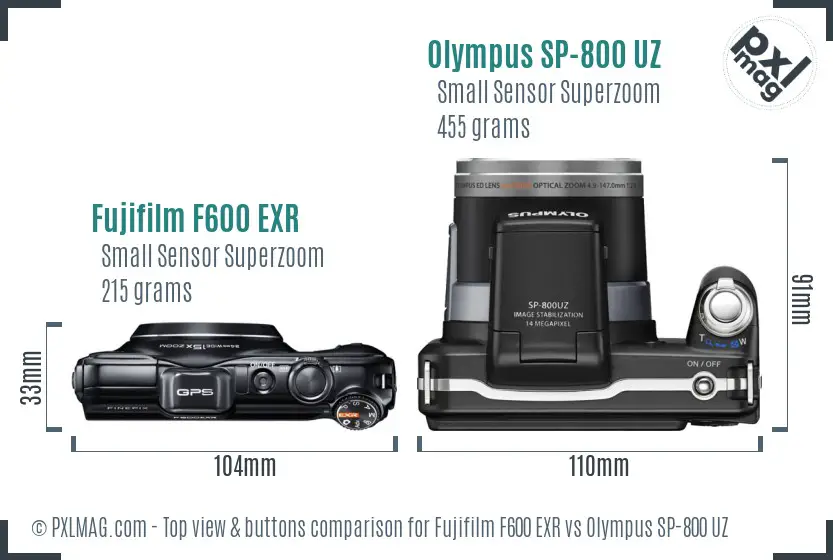 Fujifilm F600 EXR vs Olympus SP-800 UZ top view buttons comparison Fujifilm F600 EXR vs Olympus SP-800 UZ top view buttons comparison