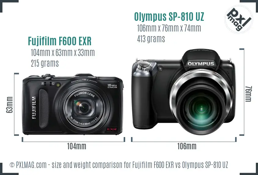 Fujifilm F600 EXR vs Olympus SP-810 UZ size comparison
