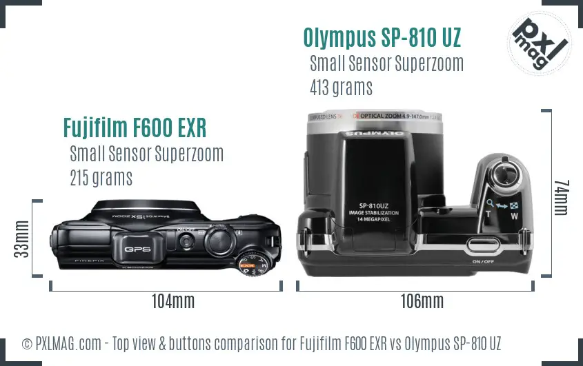Fujifilm F600 EXR vs Olympus SP-810 UZ top view buttons comparison
