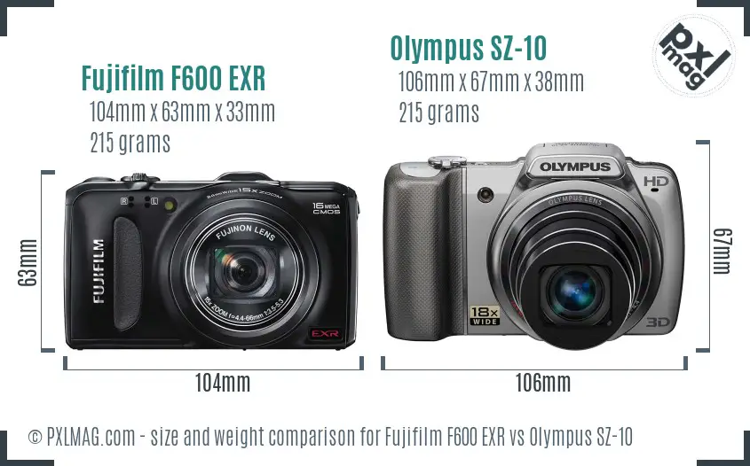 Fujifilm F600 EXR vs Olympus SZ-10 size comparison