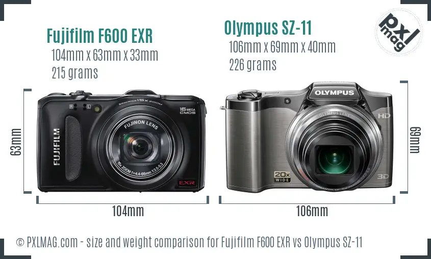 Fujifilm F600 EXR vs Olympus SZ-11 size comparison