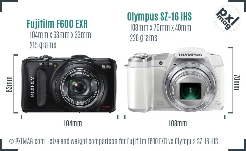 Fujifilm F600 EXR vs Olympus SZ-16 iHS size comparison