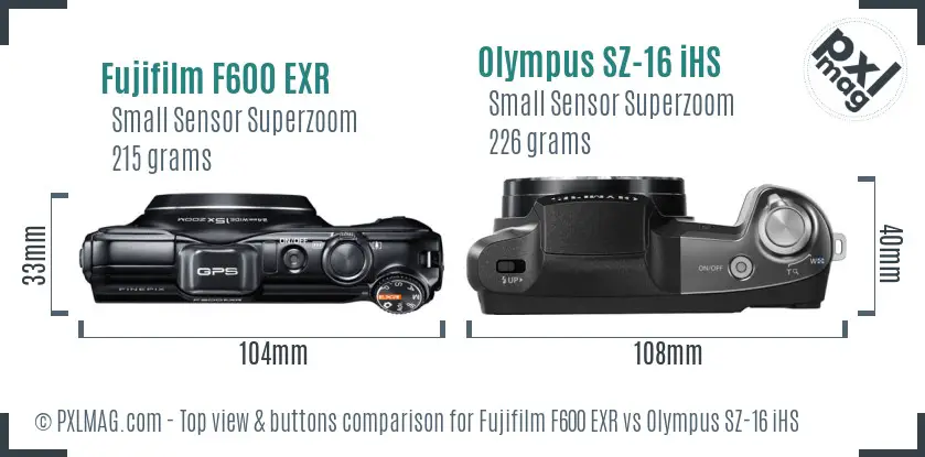 Fujifilm F600 EXR vs Olympus SZ-16 iHS top view buttons comparison