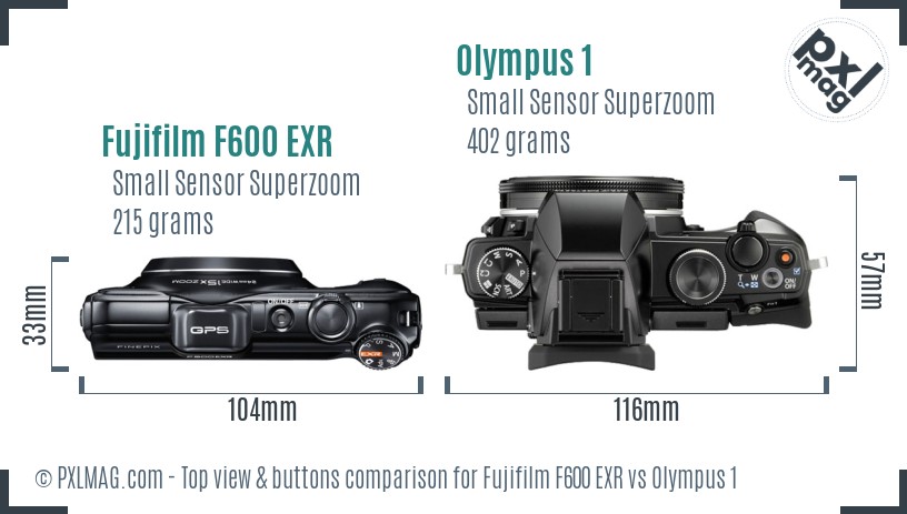 Fujifilm F600 EXR vs Olympus 1 top view buttons comparison