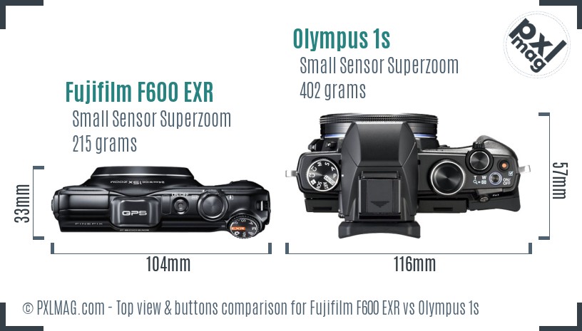 Fujifilm F600 EXR vs Olympus 1s top view buttons comparison