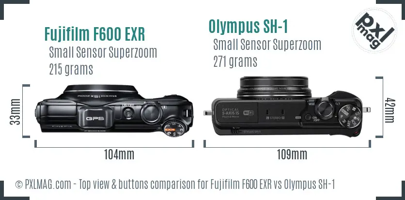Fujifilm F600 EXR vs Olympus SH-1 top view buttons comparison