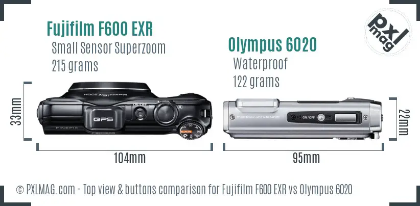 Fujifilm F600 EXR vs Olympus 6020 top view buttons comparison Fujifilm F600 EXR vs Olympus 6020 top view buttons comparison