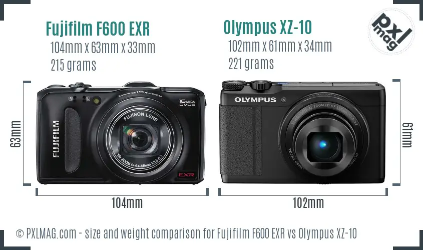 Fujifilm F600 EXR vs Olympus XZ-10 size comparison