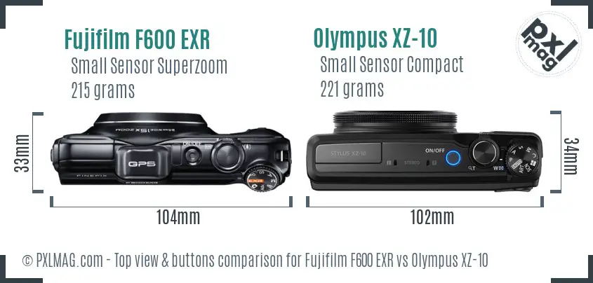 Fujifilm F600 EXR vs Olympus XZ-10 top view buttons comparison