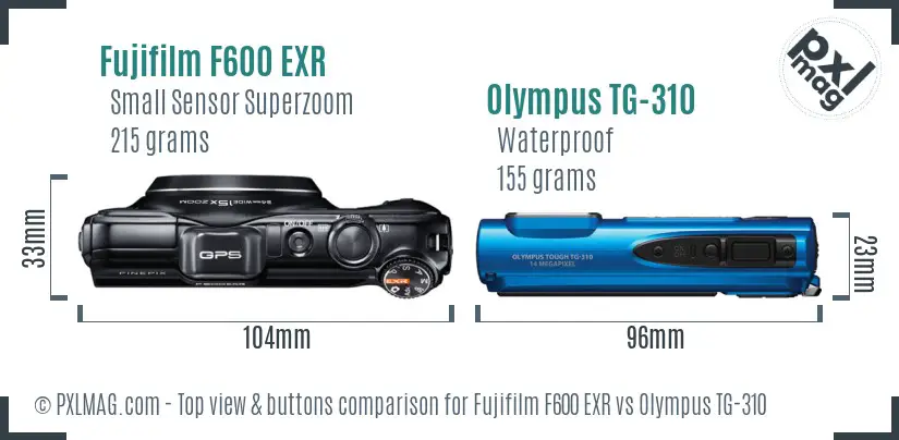 Fujifilm F600 EXR vs Olympus TG-310 top view buttons comparison