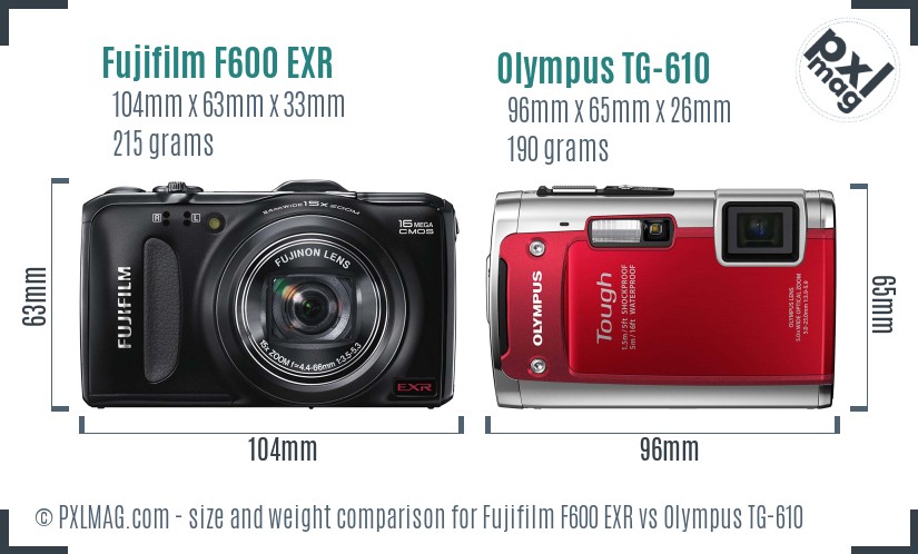 Fujifilm F600 EXR vs Olympus TG-610 size comparison