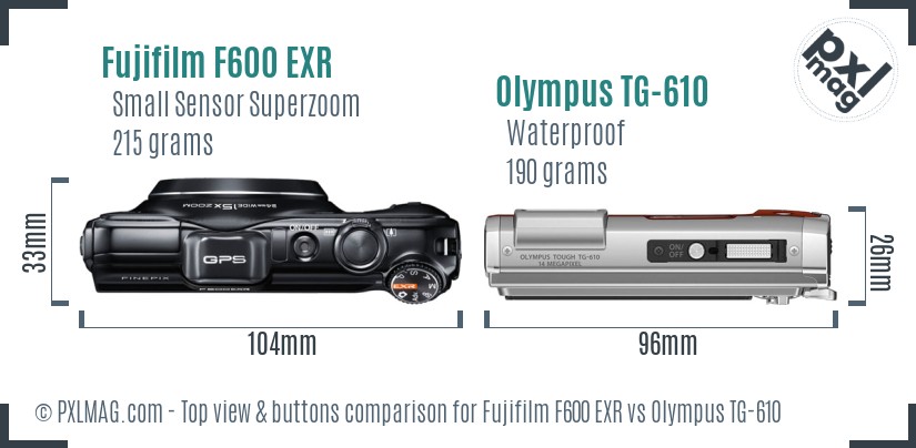 Fujifilm F600 EXR vs Olympus TG-610 top view buttons comparison