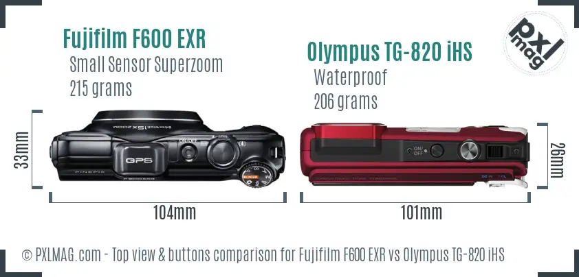 Fujifilm F600 EXR vs Olympus TG-820 iHS top view buttons comparison