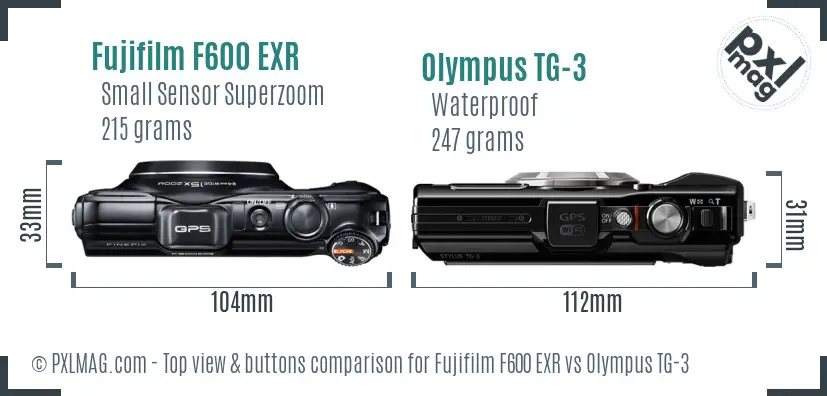 Fujifilm F600 EXR vs Olympus TG-3 top view buttons comparison Fujifilm F600 EXR vs Olympus TG-3 top view buttons comparison