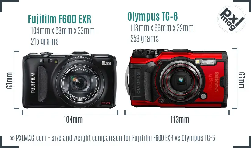 Fujifilm F600 EXR vs Olympus TG-6 size comparison