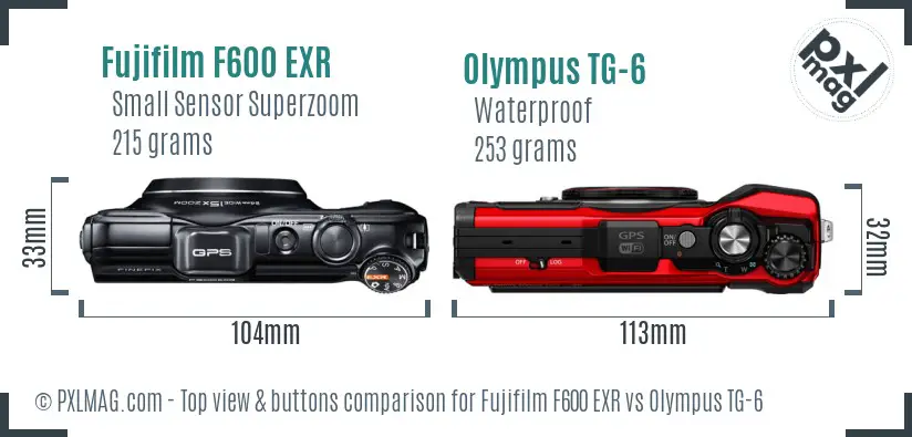 Fujifilm F600 EXR vs Olympus TG-6 top view buttons comparison