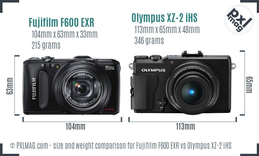 Fujifilm F600 EXR vs Olympus XZ-2 iHS size comparison