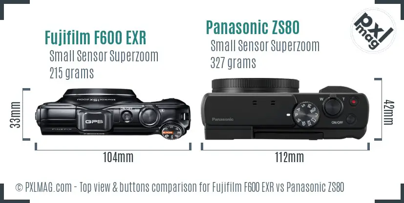Fujifilm F600 EXR vs Panasonic ZS80 top view buttons comparison