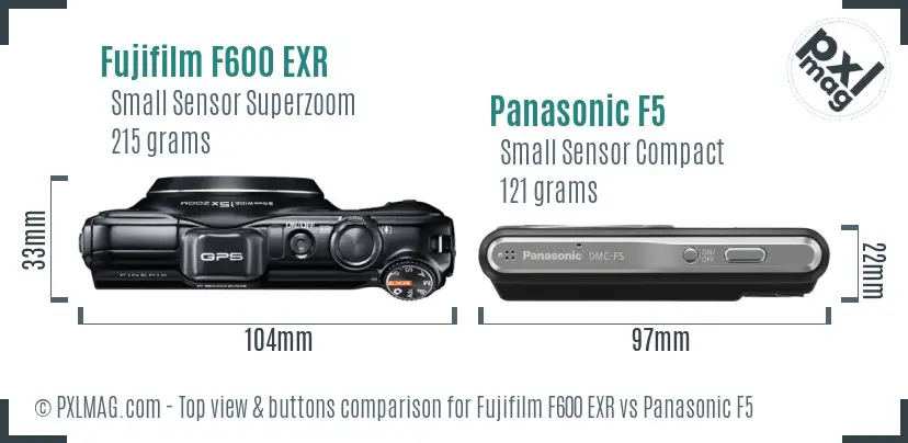 Fujifilm F600 EXR vs Panasonic F5 top view buttons comparison Fujifilm F600 EXR vs Panasonic F5 top view buttons comparison