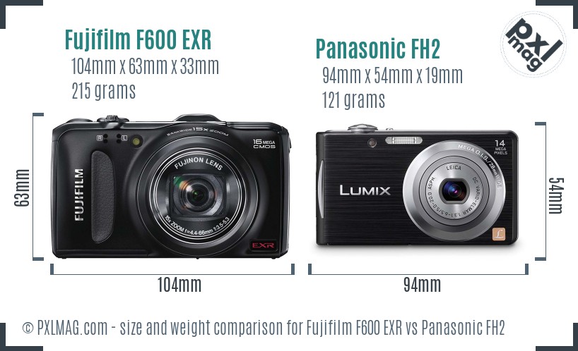 Fujifilm F600 EXR vs Panasonic FH2 size comparison