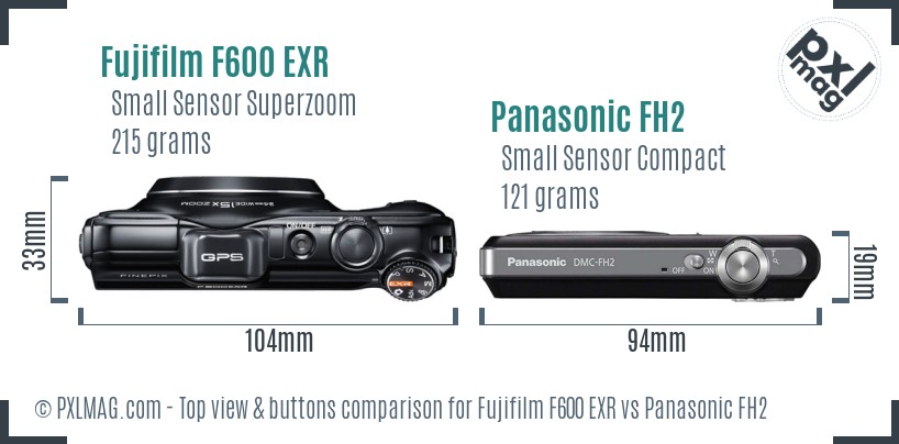 Fujifilm F600 EXR vs Panasonic FH2 top view buttons comparison