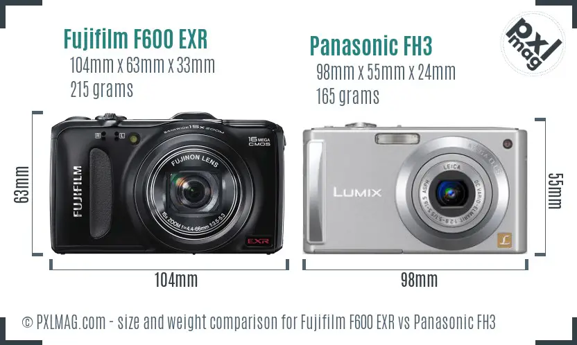 Fujifilm F600 EXR vs Panasonic FH3 size comparison