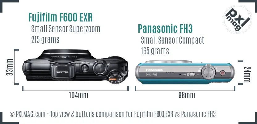 Fujifilm F600 EXR vs Panasonic FH3 top view buttons comparison