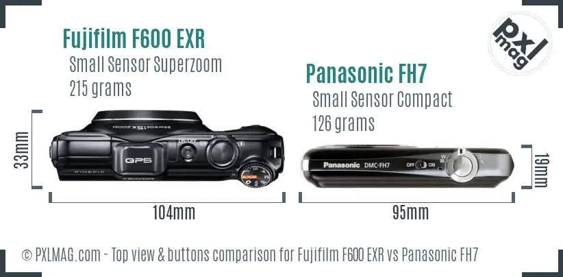 Fujifilm F600 EXR vs Panasonic FH7 top view buttons comparison Fujifilm F600 EXR vs Panasonic FH7 top view buttons comparison