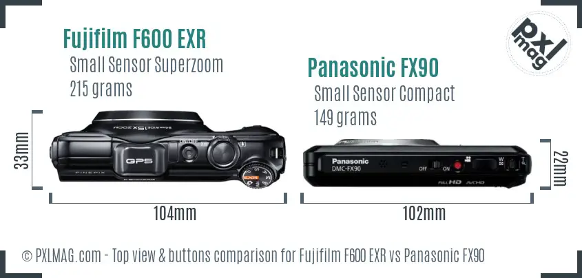 Fujifilm F600 EXR vs Panasonic FX90 top view buttons comparison
