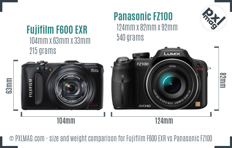 Fujifilm F600 EXR vs Panasonic FZ100 size comparison