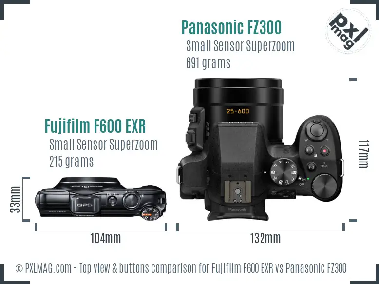 Fujifilm F600 EXR vs Panasonic FZ300 top view buttons comparison