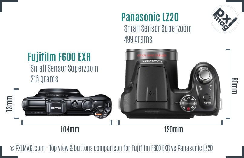 Fujifilm F600 EXR vs Panasonic LZ20 top view buttons comparison