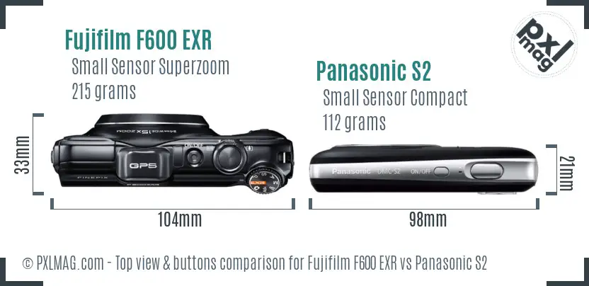 Fujifilm F600 EXR vs Panasonic S2 top view buttons comparison
