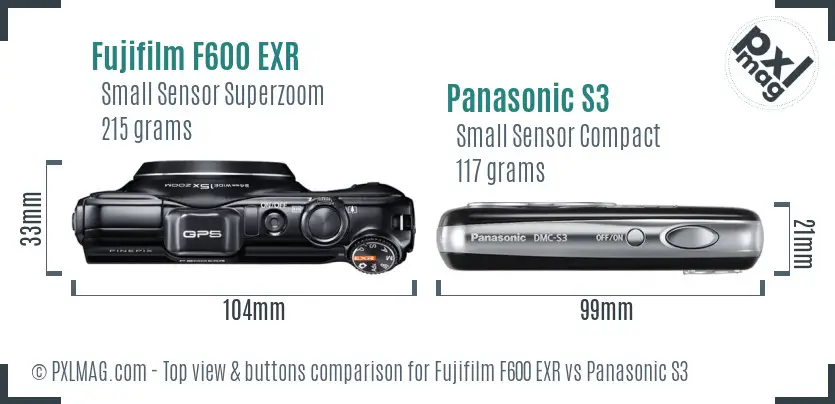 Fujifilm F600 EXR vs Panasonic S3 top view buttons comparison Fujifilm F600 EXR vs Panasonic S3 top view buttons comparison