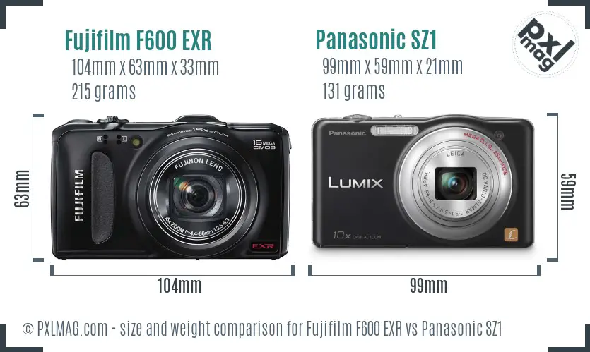 Fujifilm F600 EXR vs Panasonic SZ1 size comparison