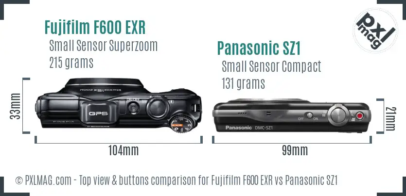 Fujifilm F600 EXR vs Panasonic SZ1 top view buttons comparison
