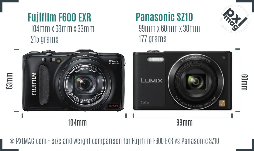 Fujifilm F600 EXR vs Panasonic SZ10 size comparison