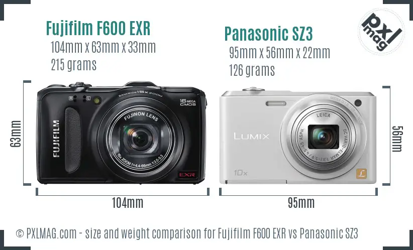 Fujifilm F600 EXR vs Panasonic SZ3 size comparison